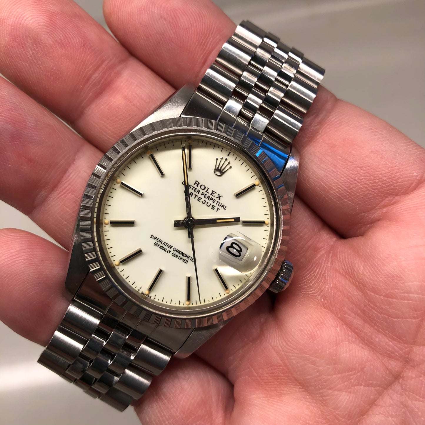 1984 Rolex Datejust 16030 Steel White Porcelain Engine Turned Automatic Wristwatch - HASHTAGWATCHCO