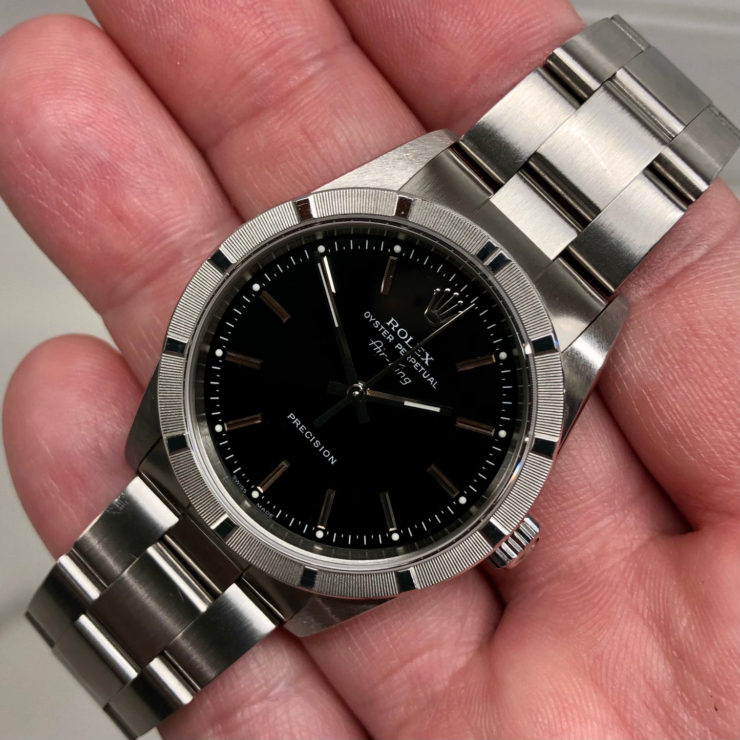 2004 Rolex Air King 14010M Black Dial Oyster Engine Turned Automatic Wristwatch - HASHTAGWATCHCO