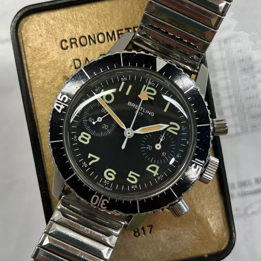 1970s Breitling 817 Italian Army Issued Stainless Steel Chronograph Wristwatch with Box and Numbered Paperwork - HASHTAGWATCHCO