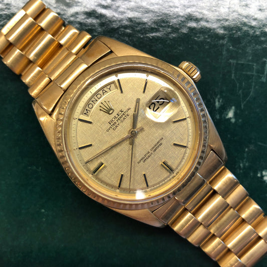 1972 Rolex President 1803 Day Date Yellow Gold Linen Champagne Wristwatch - HASHTAGWATCHCO