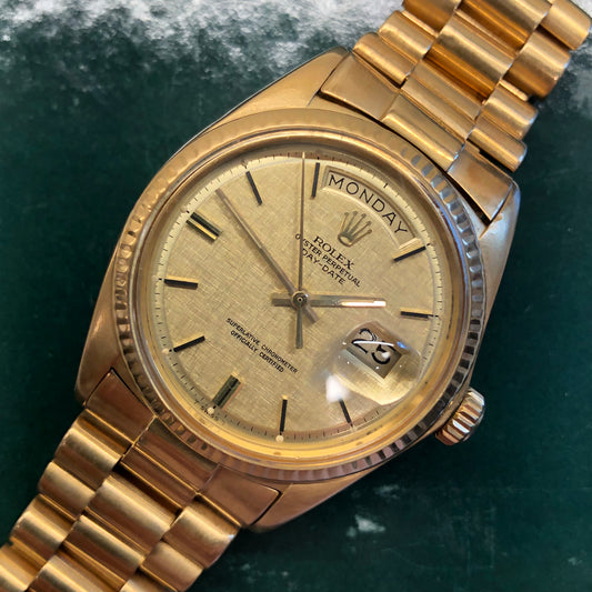 1972 Rolex President 1803 Day Date Yellow Gold Linen Champagne Wristwatch - HASHTAGWATCHCO