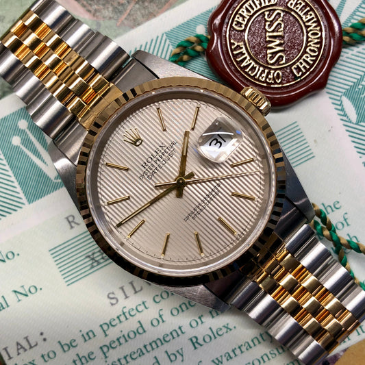 1993 Rolex Datejust 16233 Silver Tapestry Two Tone Jubilee Wristwatch with Box and Papers - HASHTAGWATCHCO