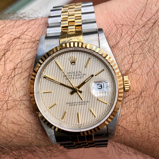 1993 Rolex Datejust 16233 Silver Tapestry Two Tone Jubilee Wristwatch with Box and Papers - HASHTAGWATCHCO