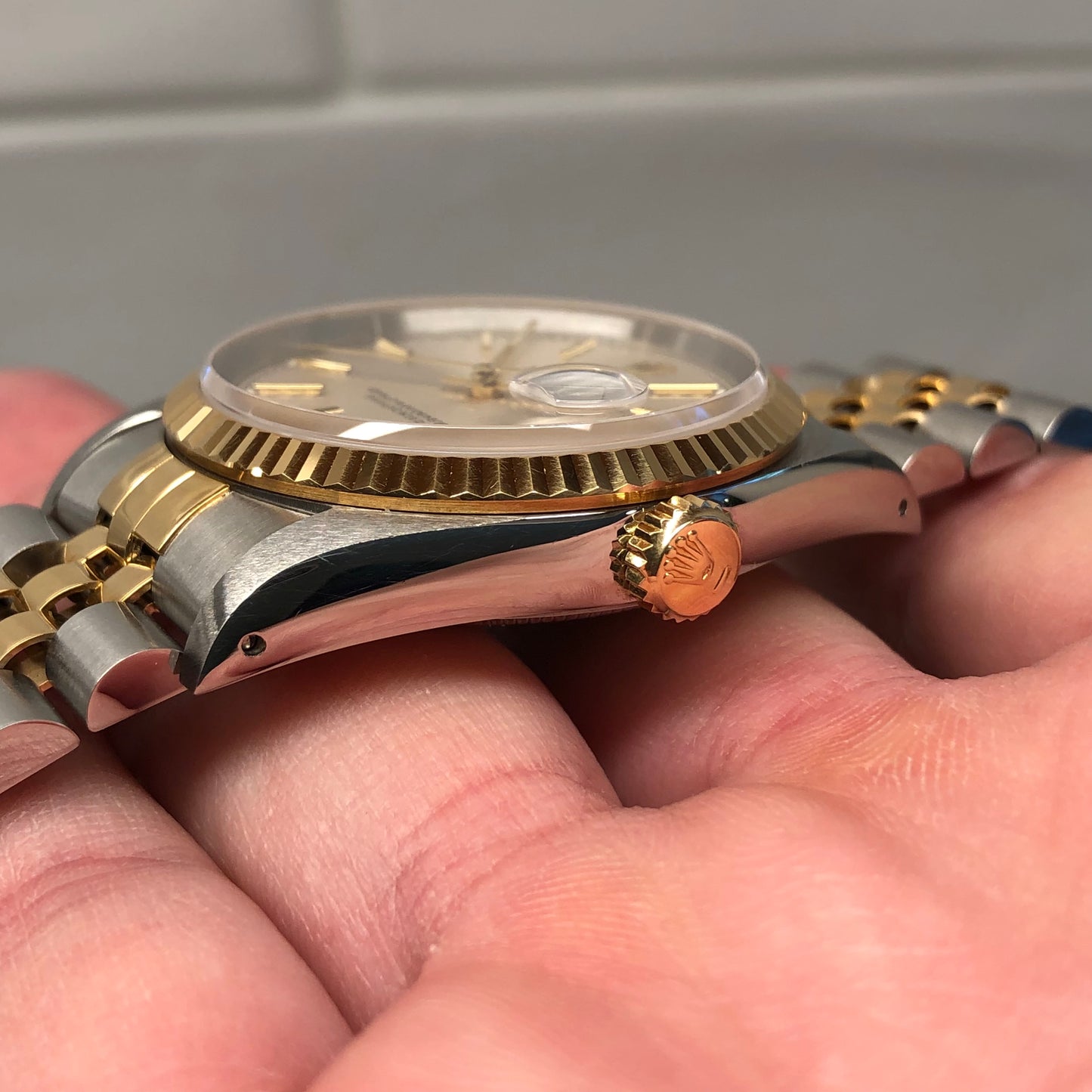 1993 Rolex Datejust 16233 Silver Tapestry Two Tone Jubilee Wristwatch with Box and Papers - HASHTAGWATCHCO