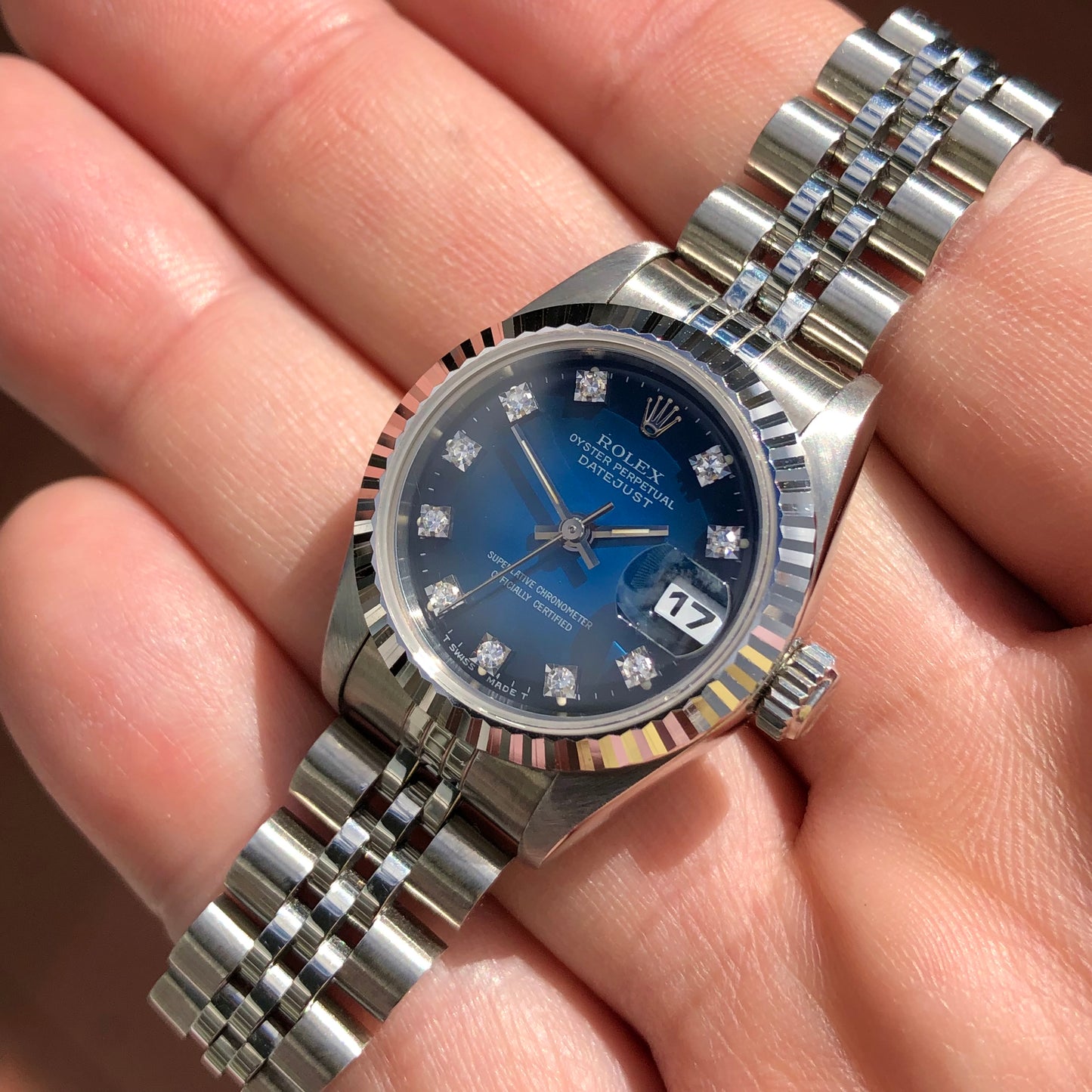 1994 Rolex Datejust 69174 Blue Vignette Serti Diamond Dial Factory Jubilee Steel Wristwatch with Box and Papers - HASHTAGWATCHCO