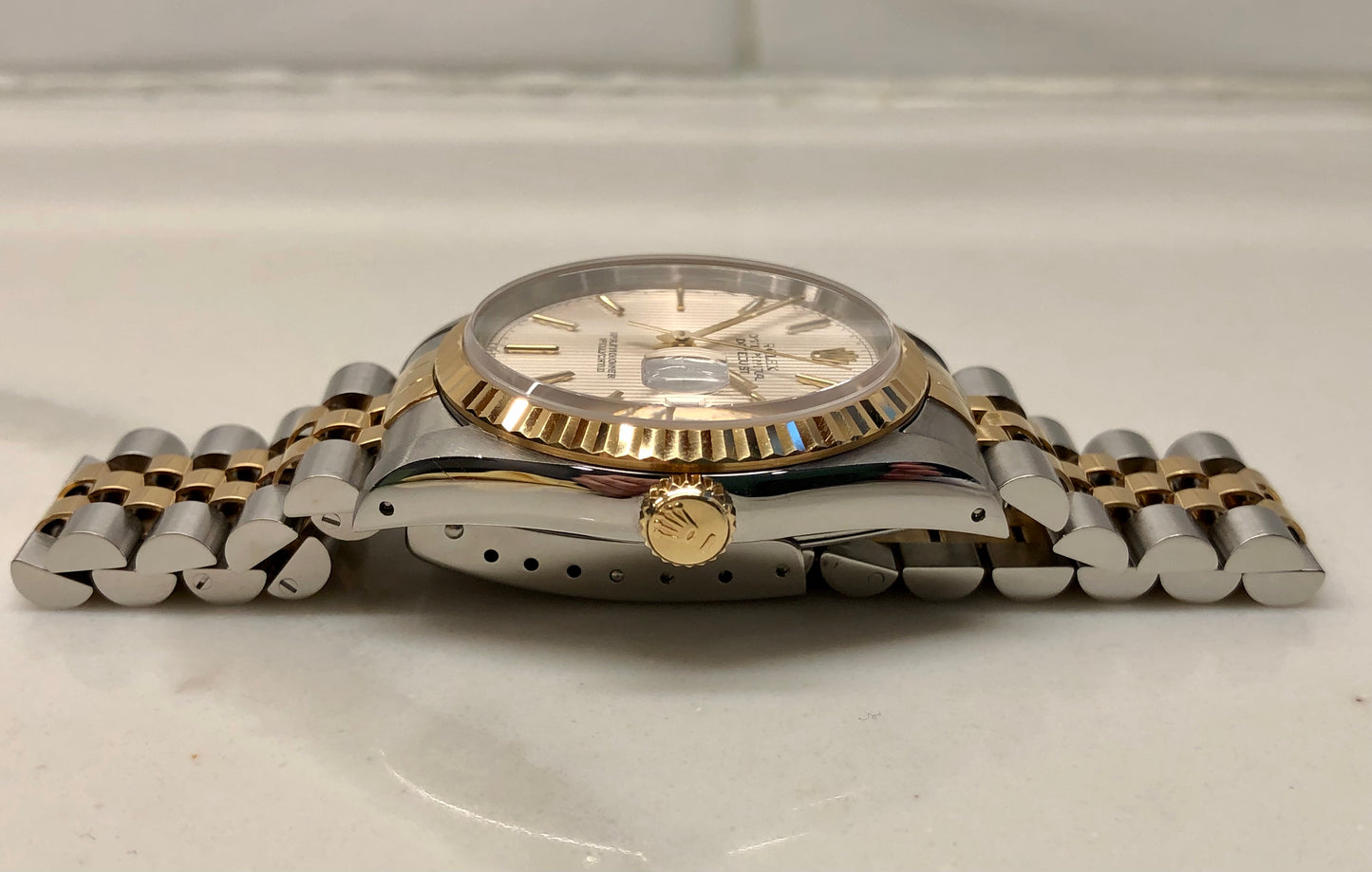 1993 Rolex Datejust 16233 Silver Tapestry Two Tone Jubilee Wristwatch with Box and Papers - HASHTAGWATCHCO