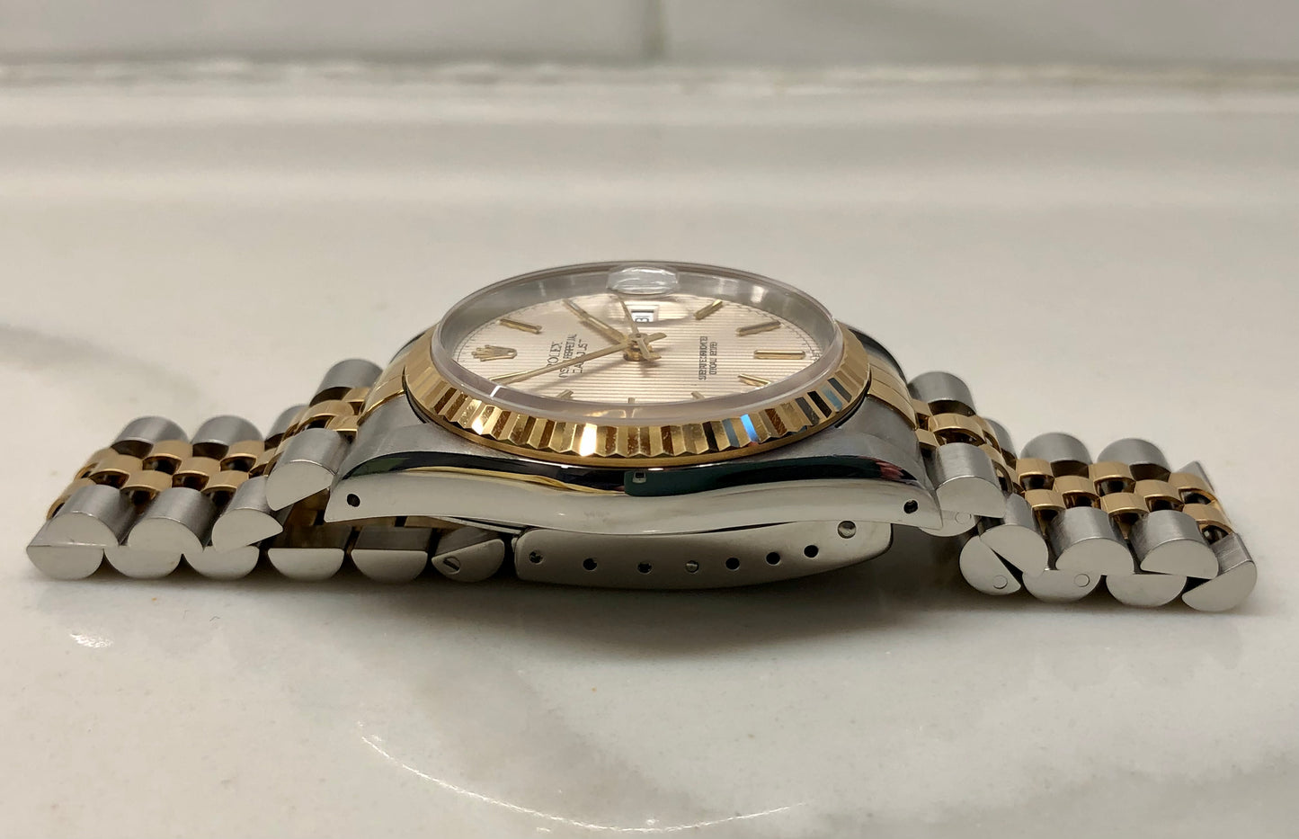 1993 Rolex Datejust 16233 Silver Tapestry Two Tone Jubilee Wristwatch with Box and Papers - HASHTAGWATCHCO