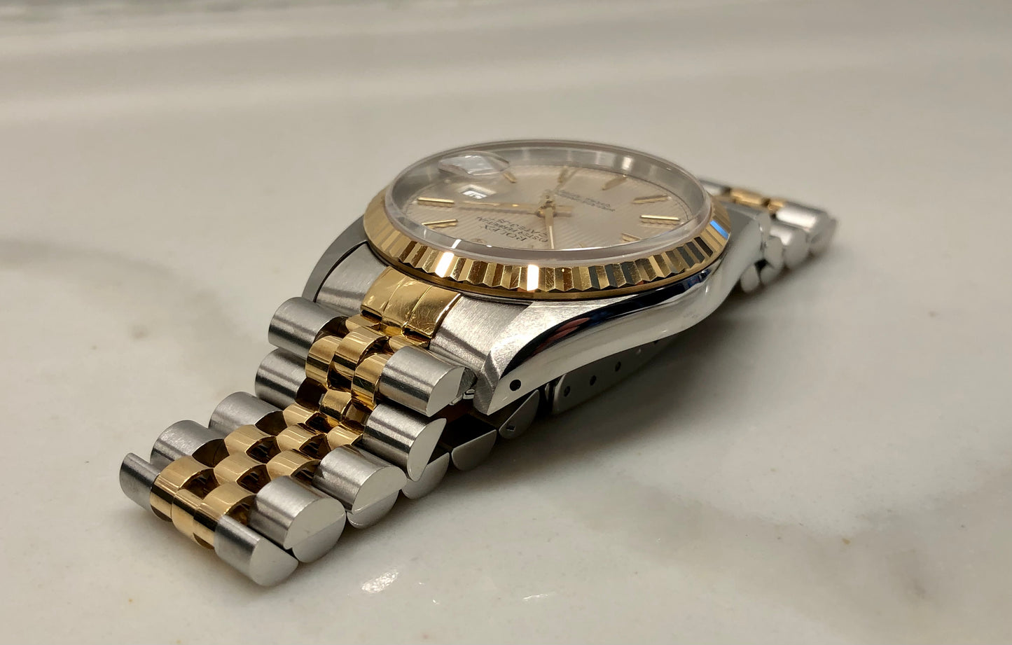 1993 Rolex Datejust 16233 Silver Tapestry Two Tone Jubilee Wristwatch with Box and Papers - HASHTAGWATCHCO