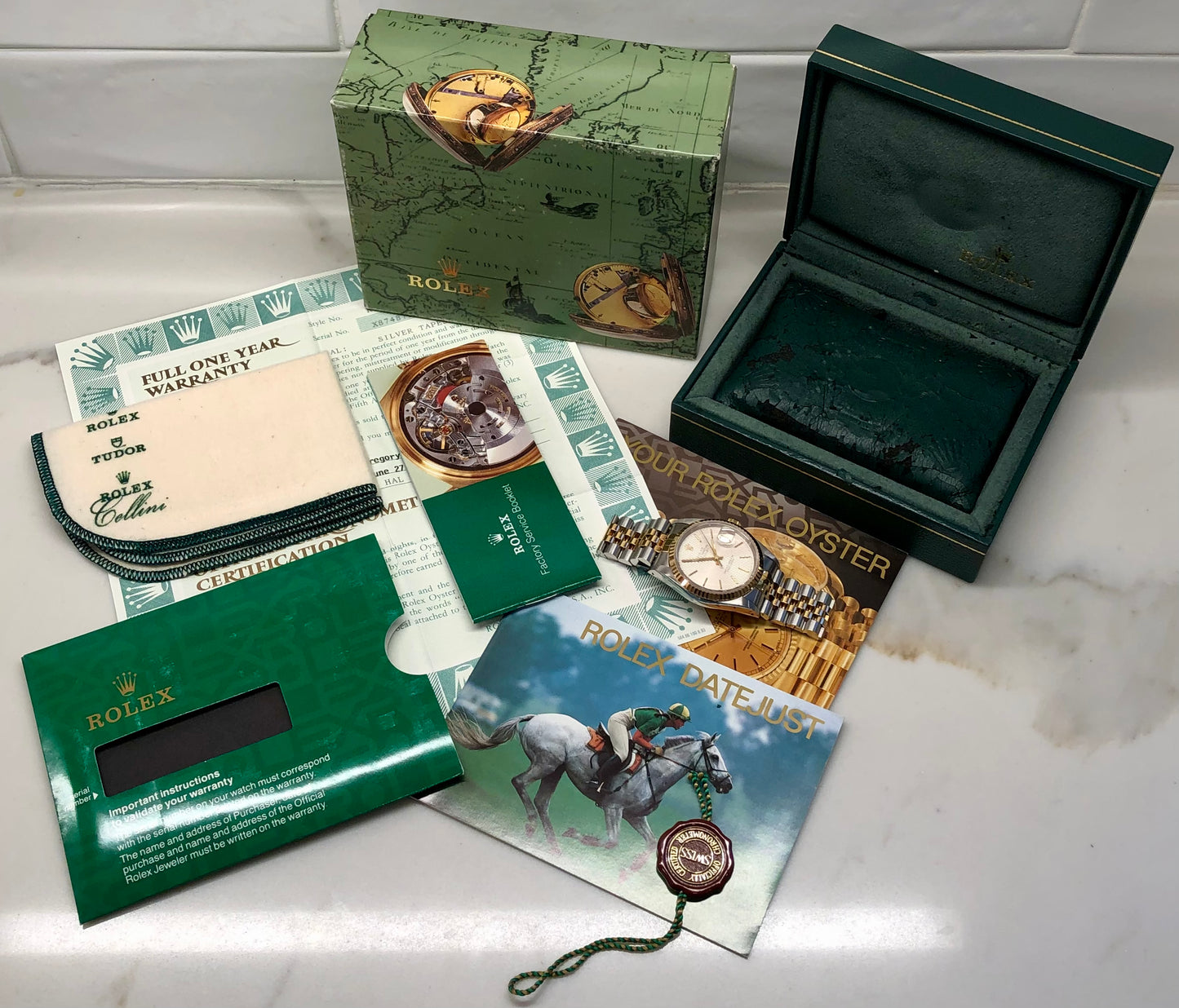 1993 Rolex Datejust 16233 Silver Tapestry Two Tone Jubilee Wristwatch with Box and Papers - HASHTAGWATCHCO
