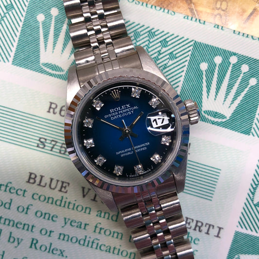 1994 Rolex Datejust 69174 Blue Vignette Serti Diamond Dial Factory Jubilee Steel Wristwatch with Box and Papers - HASHTAGWATCHCO