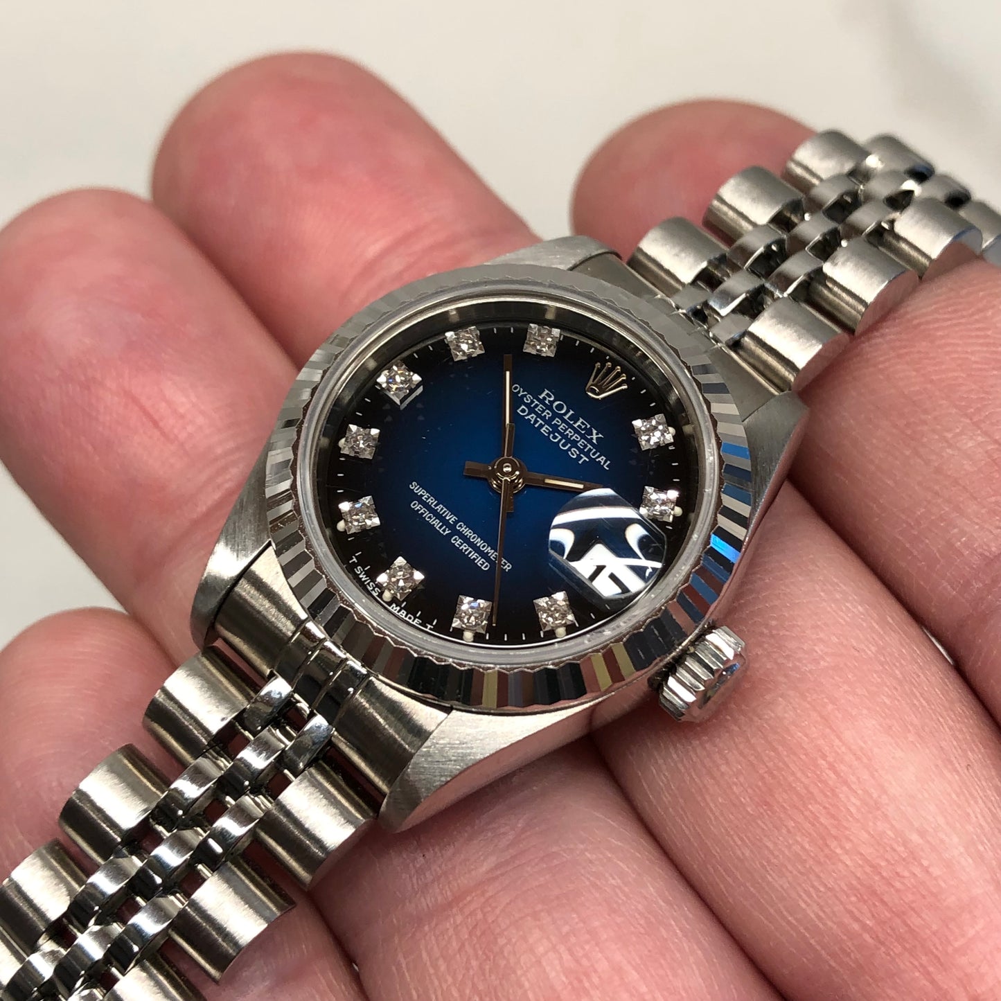 1994 Rolex Datejust 69174 Blue Vignette Serti Diamond Dial Factory Jubilee Steel Wristwatch with Box and Papers - HASHTAGWATCHCO