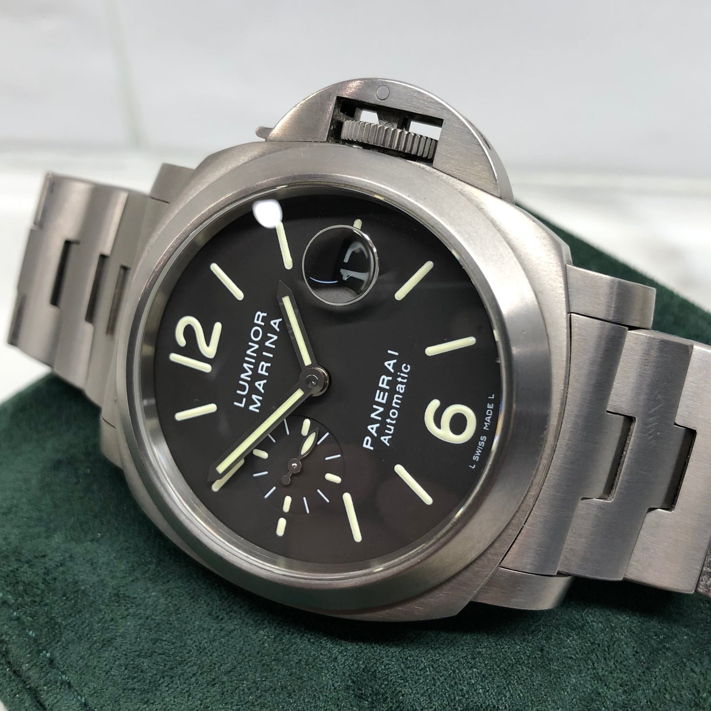 1999 Panerai Luminor Marina PAM 296 44mm Titanium Tobacco Brown Automatic Wristwatch - HASHTAGWATCHCO