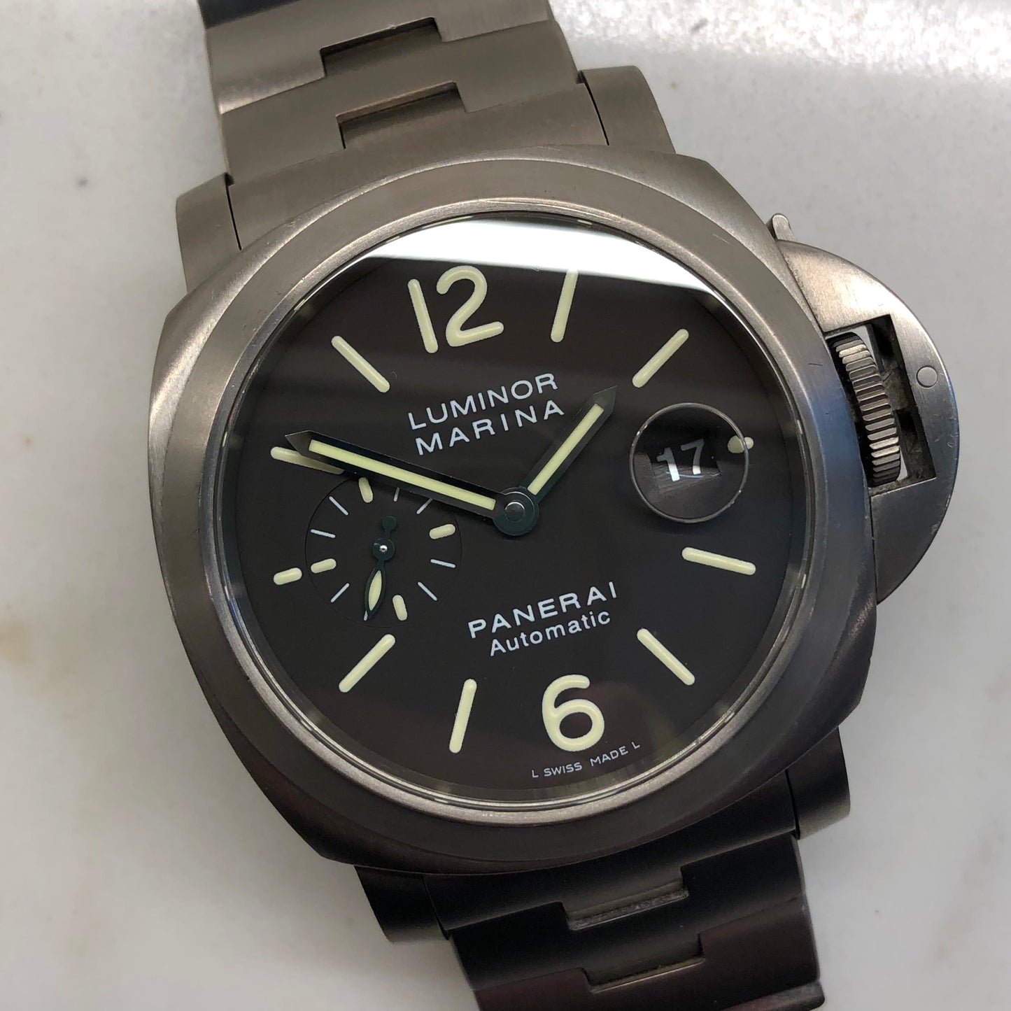 1999 Panerai Luminor Marina PAM 296 44mm Titanium Tobacco Brown Automatic Wristwatch - HASHTAGWATCHCO