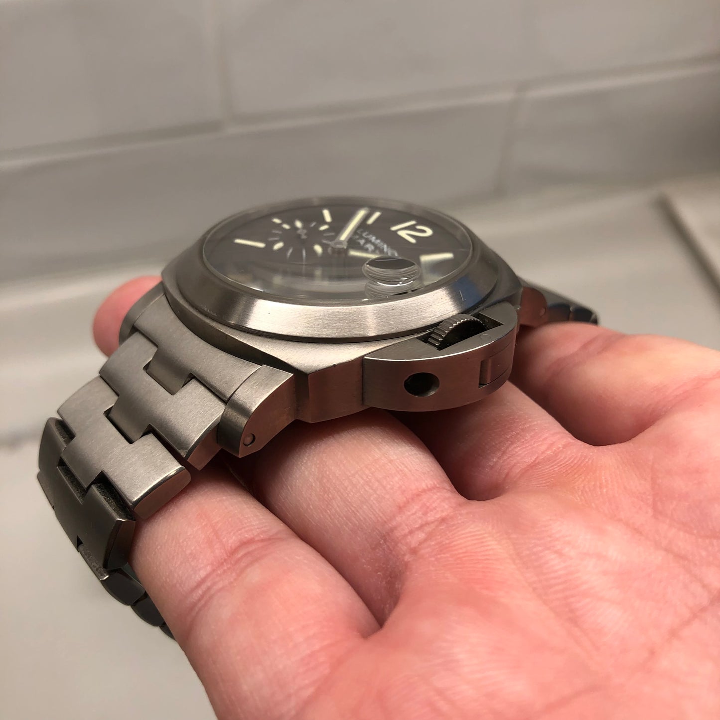 1999 Panerai Luminor Marina PAM 296 44mm Titanium Tobacco Brown Automatic Wristwatch - HASHTAGWATCHCO