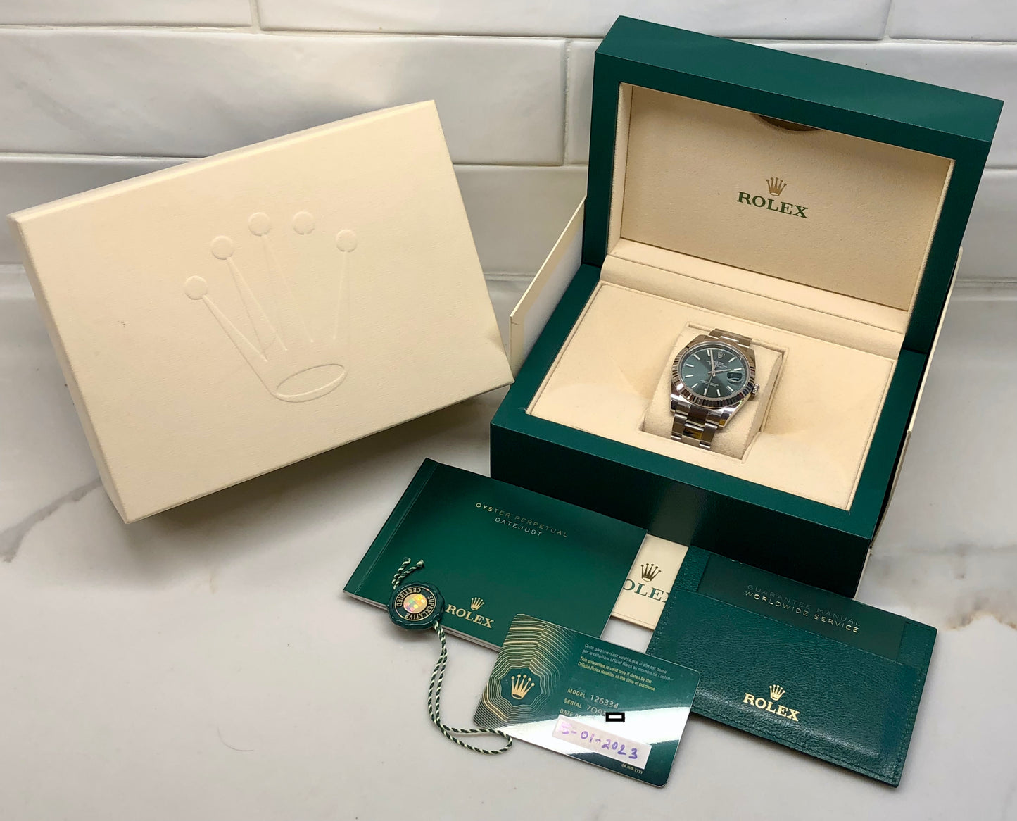 2023 Rolex Datejust 126334 Mint Green Fluted 41mm Steel Oyster Wristwatch with Box and Papers - Hashtag Watch Company