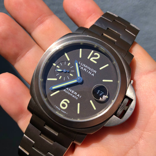 1999 Panerai Luminor Marina PAM 296 44mm Titanium Tobacco Brown Automatic Wristwatch - HASHTAGWATCHCO