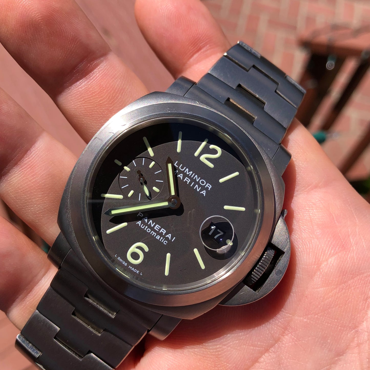 1999 Panerai Luminor Marina PAM 296 44mm Titanium Tobacco Brown Automatic Wristwatch - HASHTAGWATCHCO