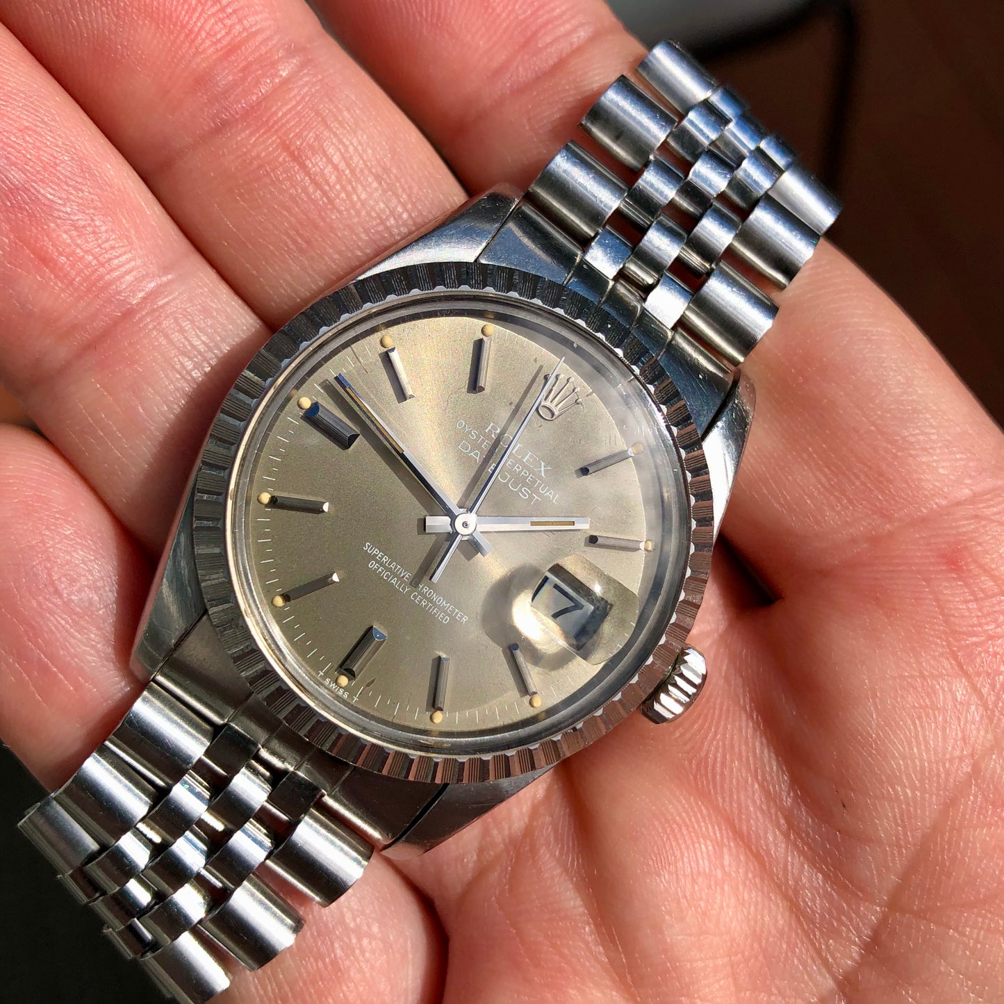 1982 Rolex Datejust 16030 Steel Tote Dial Engine Turned Automatic Wristwatch - HASHTAGWATCHCO