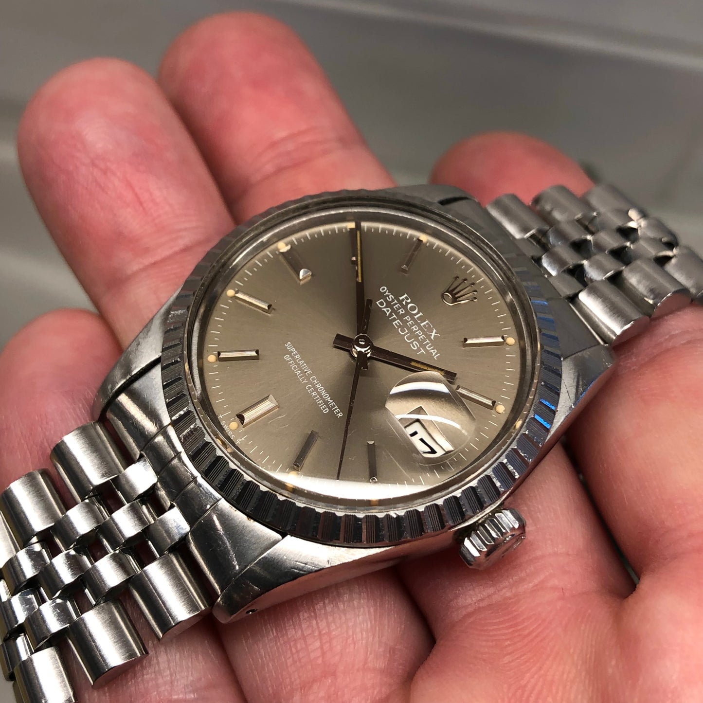 1982 Rolex Datejust 16030 Steel Tote Dial Engine Turned Automatic Wristwatch - HASHTAGWATCHCO