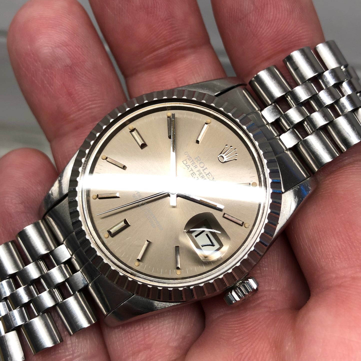 1982 Rolex Datejust 16030 Steel Tote Dial Engine Turned Automatic Wristwatch - HASHTAGWATCHCO