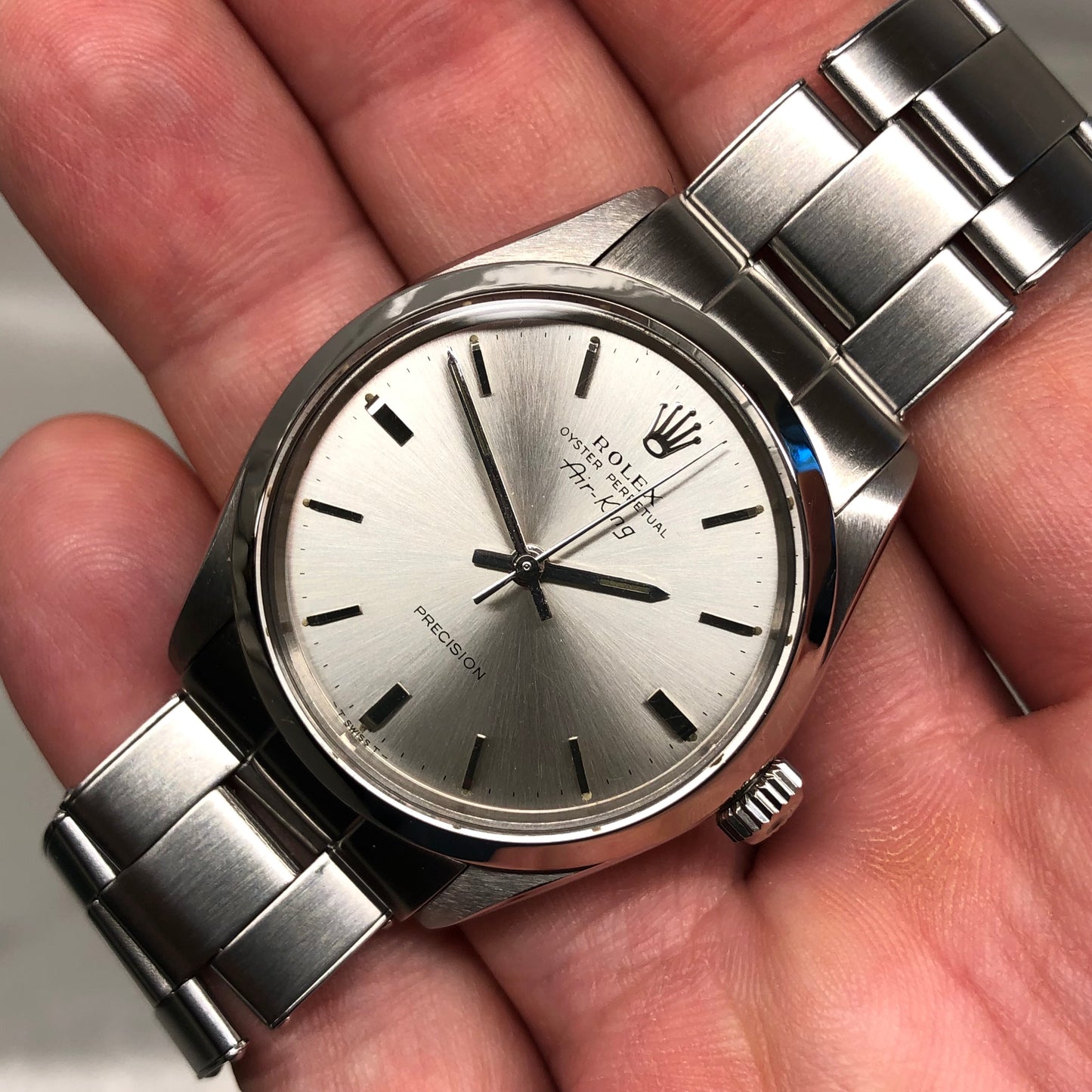 1968 Rolex Air King Precision 5500 Steel Silver Dial Automatic Wristwatch with Rolex Service Papers - HASHTAGWATCHCO
