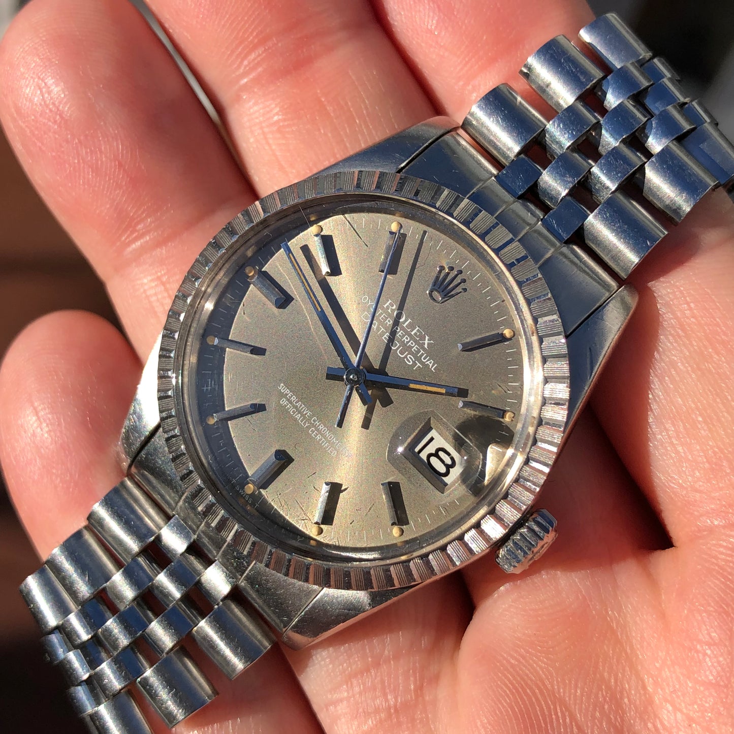 1982 Rolex Datejust 16030 Steel Tote Dial Engine Turned Automatic Wristwatch - HASHTAGWATCHCO