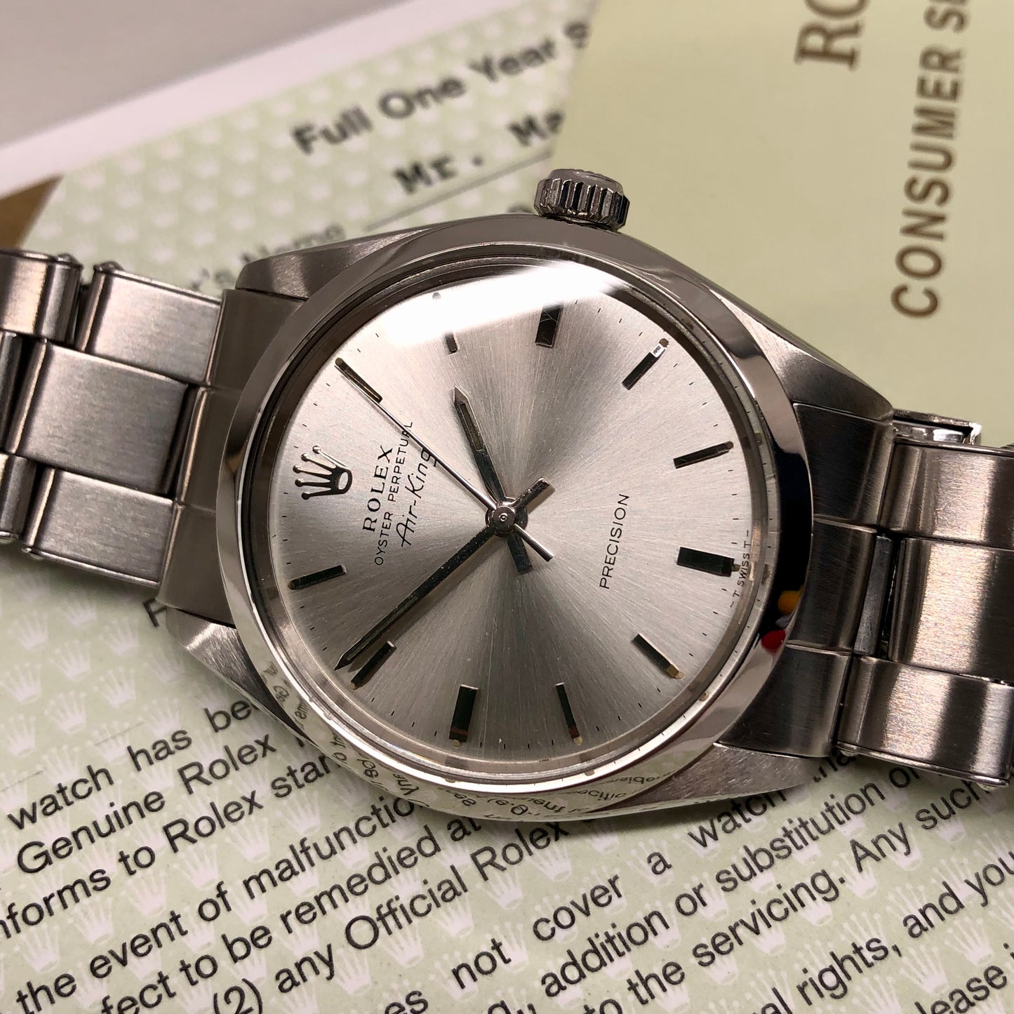 1968 Rolex Air King Precision 5500 Steel Silver Dial Automatic Wristwatch with Rolex Service Papers - HASHTAGWATCHCO