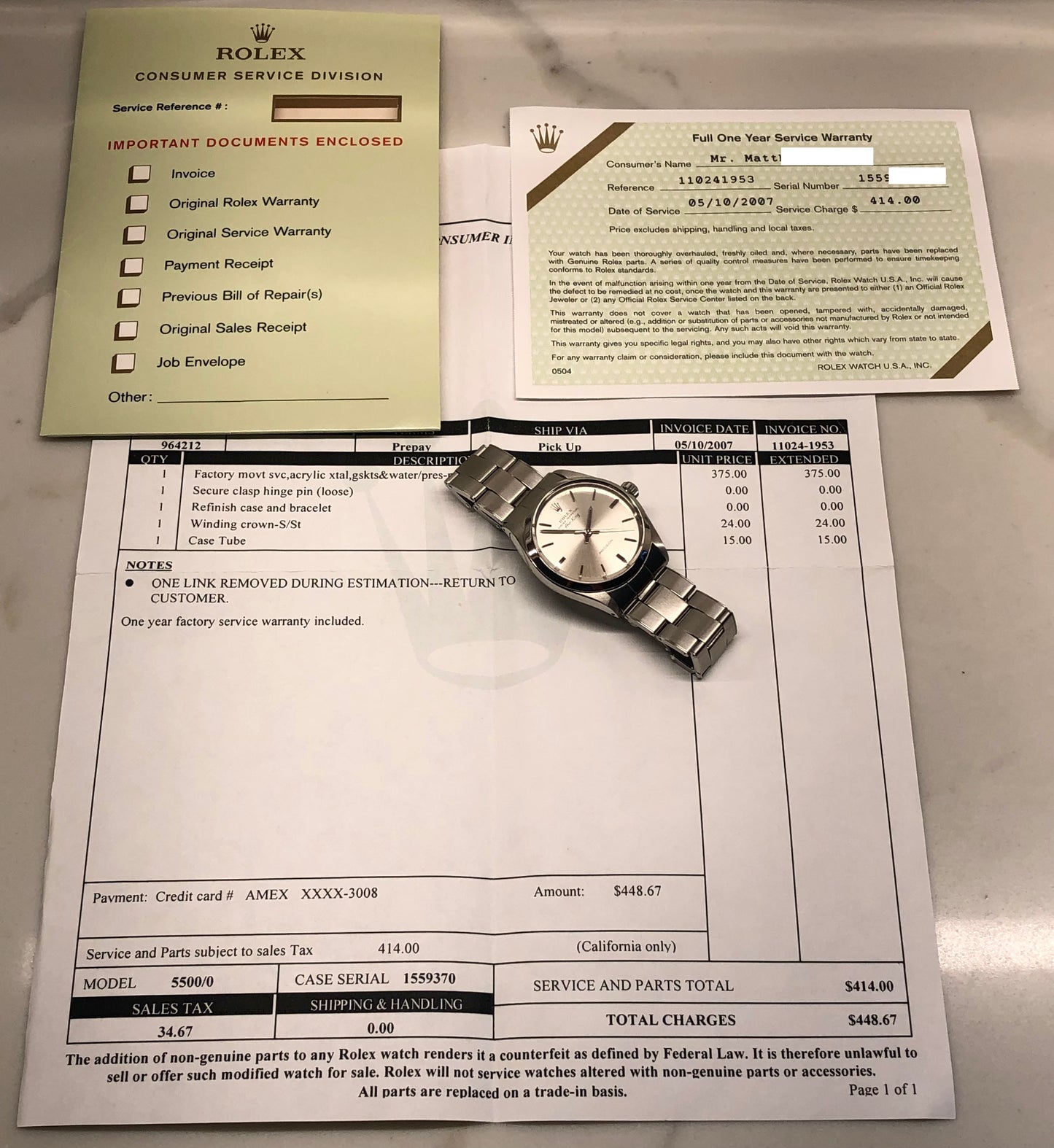 1968 Rolex Air King Precision 5500 Steel Silver Dial Automatic Wristwatch with Rolex Service Papers - HASHTAGWATCHCO
