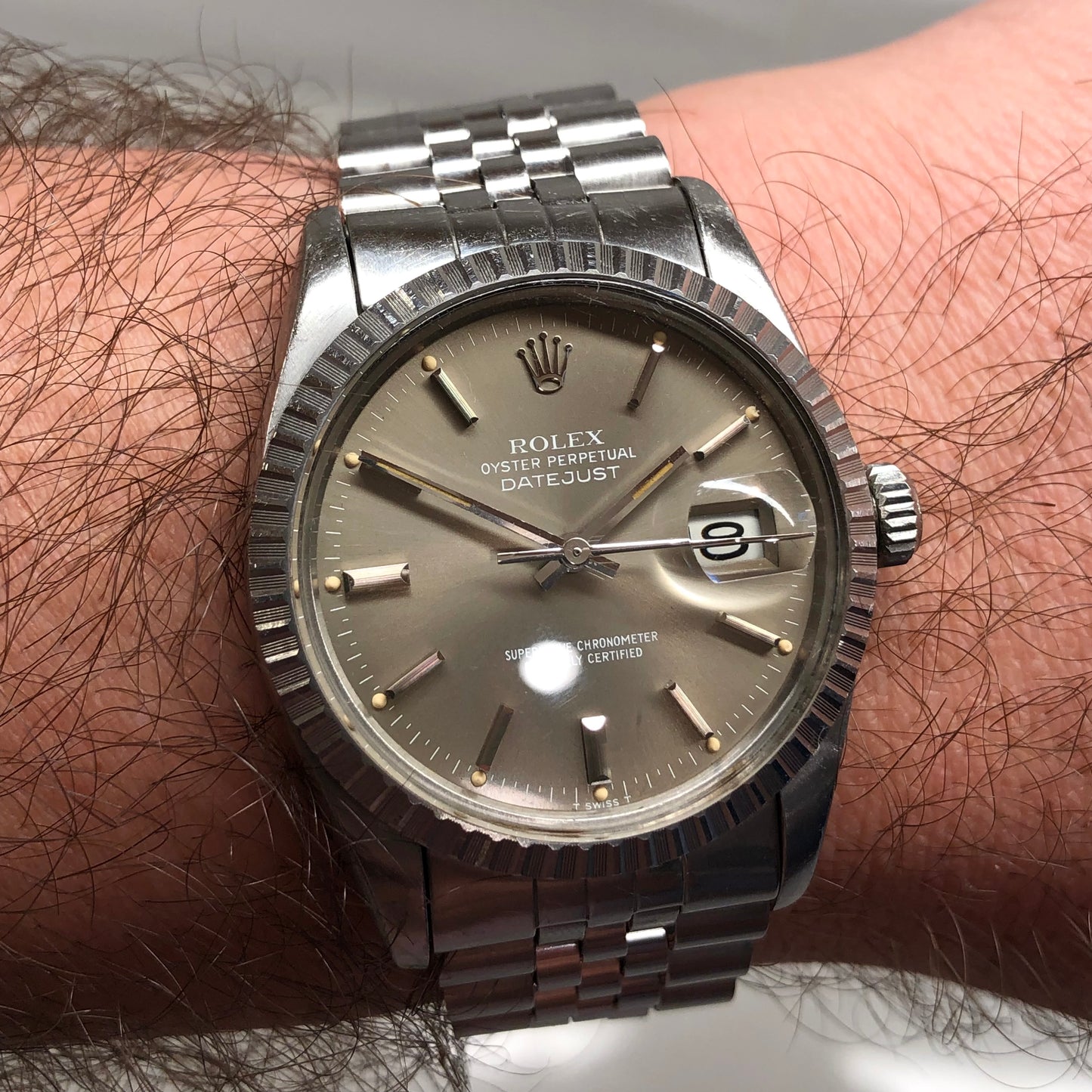 1982 Rolex Datejust 16030 Steel Tote Dial Engine Turned Automatic Wristwatch - HASHTAGWATCHCO