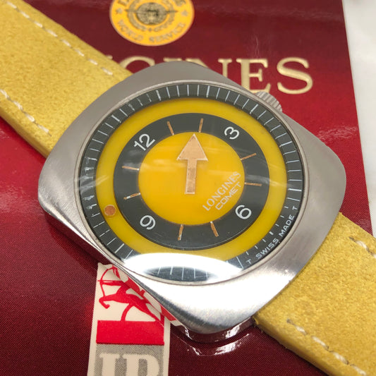 1971 Longines Comet 8475 Yellow Mystery Dial Steel Vintage Wristwatch with Box and Papers - HASHTAGWATCHCO