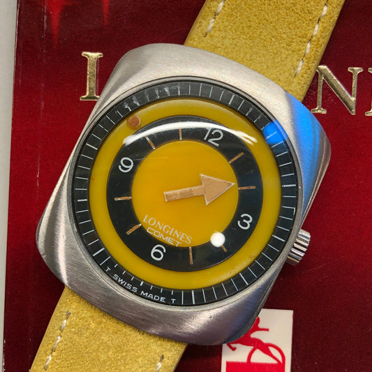 1971 Longines Comet 8475 Yellow Mystery Dial Steel Vintage Wristwatch with Box and Papers - HASHTAGWATCHCO