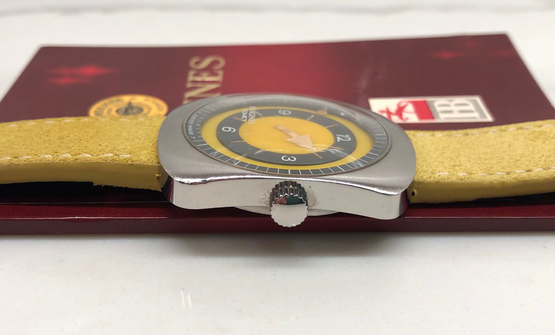 1971 Longines Comet 8475 Yellow Mystery Dial Steel Vintage Wristwatch with Box and Papers - HASHTAGWATCHCO