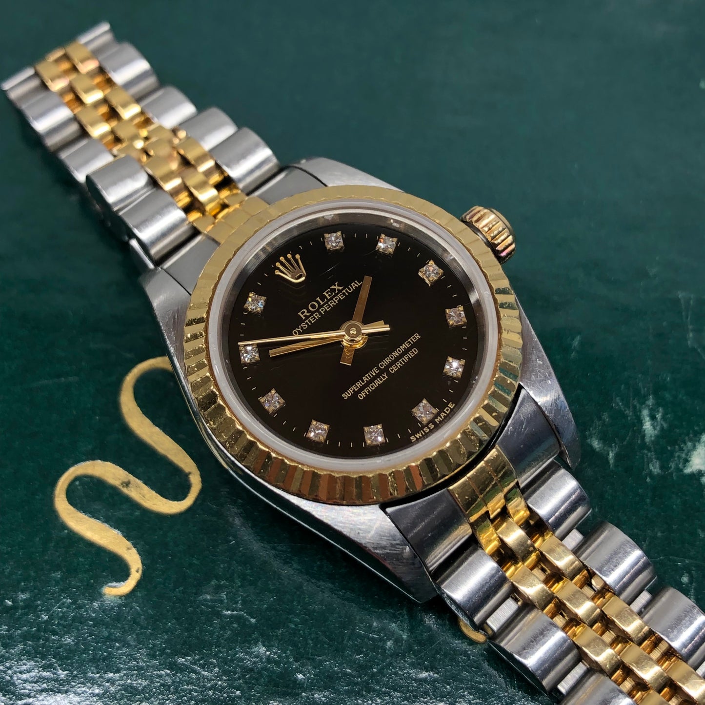 2002 Rolex Oyster Perpetual 76193 Ladies Two Tone Black Diamond Dial Jubilee No Holes Case Automatic Wristwatch - HASHTAGWATCHCO