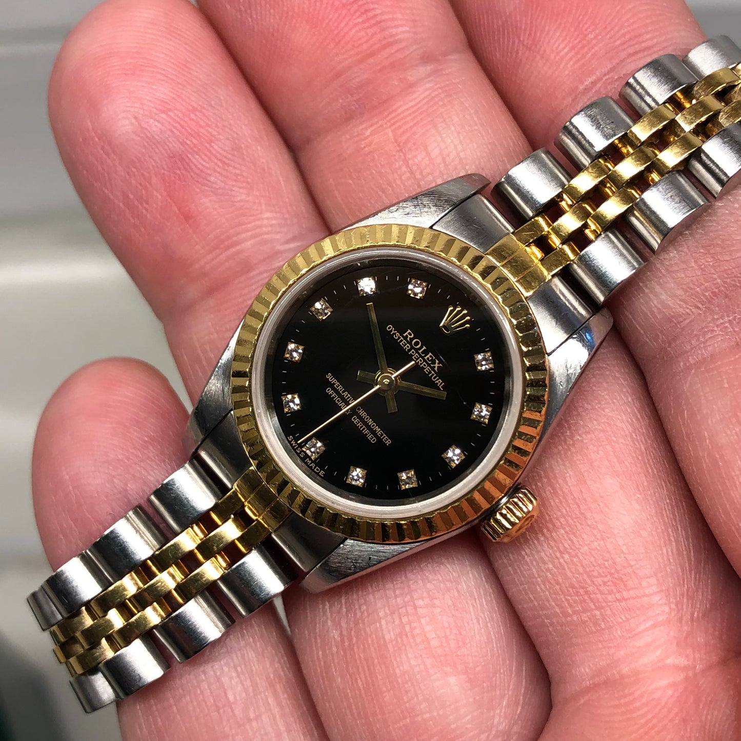 2002 Rolex Oyster Perpetual 76193 Ladies Two Tone Black Diamond Dial Jubilee No Holes Case Automatic Wristwatch - HASHTAGWATCHCO