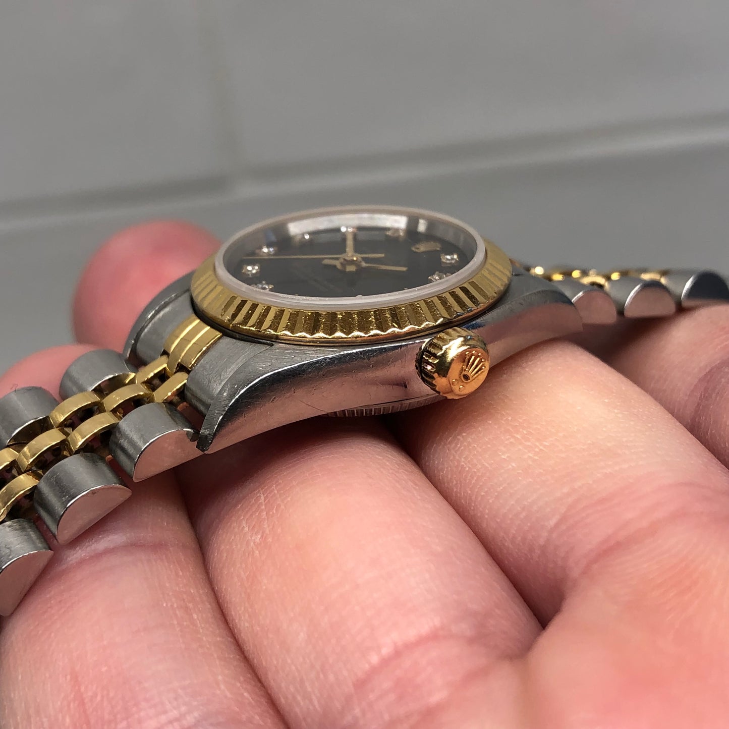 2002 Rolex Oyster Perpetual 76193 Ladies Two Tone Black Diamond Dial Jubilee No Holes Case Automatic Wristwatch - HASHTAGWATCHCO