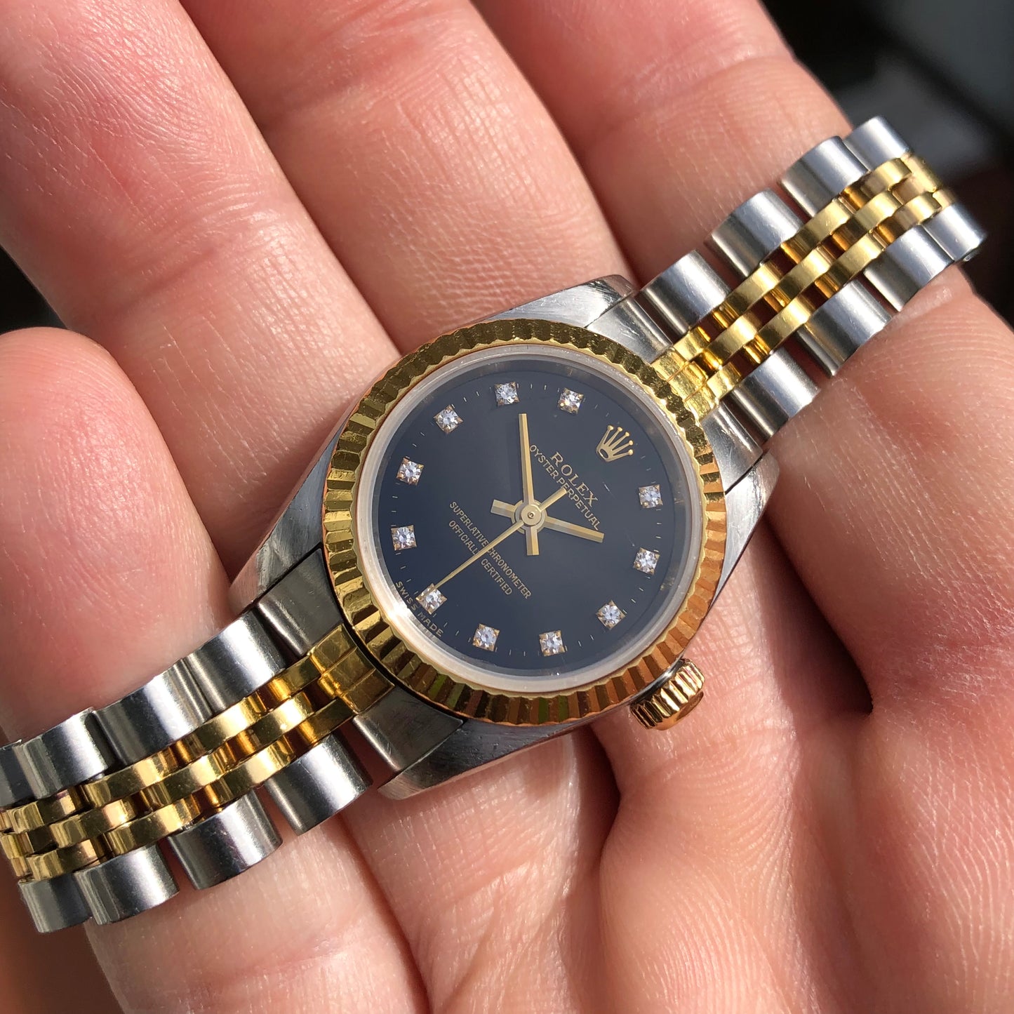 2002 Rolex Oyster Perpetual 76193 Ladies Two Tone Black Diamond Dial Jubilee No Holes Case Automatic Wristwatch - HASHTAGWATCHCO