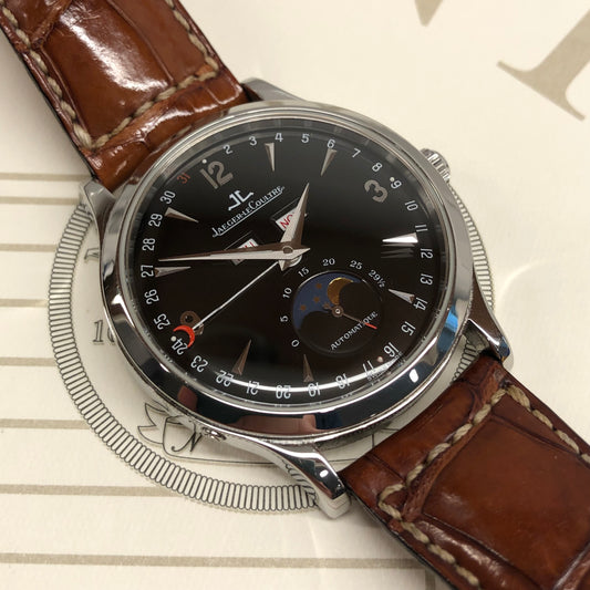 Jaeger LeCoultre Master Moon 140.8.98.S Stainless Steel Black Dial with Box and Papers - HASHTAGWATCHCO