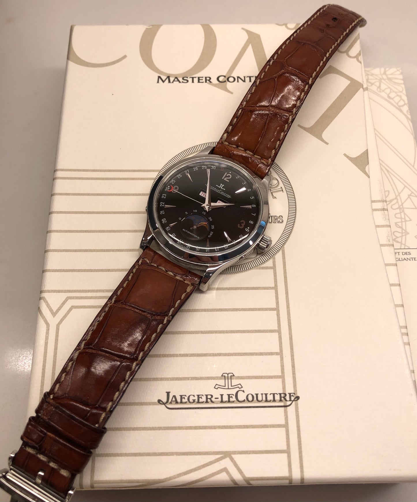 Jaeger LeCoultre Master Moon 140.8.98.S Stainless Steel Black Dial with Box and Papers - HASHTAGWATCHCO