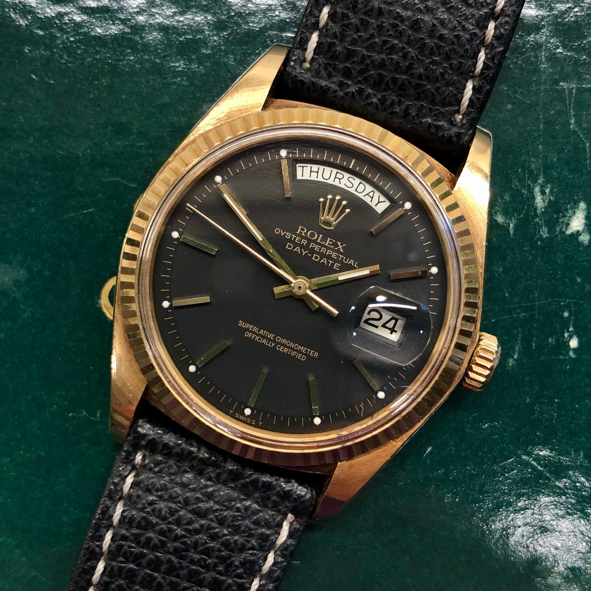 1976 Rolex President 1803 Day Date Yellow Gold Matte Black Automatic Wristwatch - HASHTAGWATCHCO