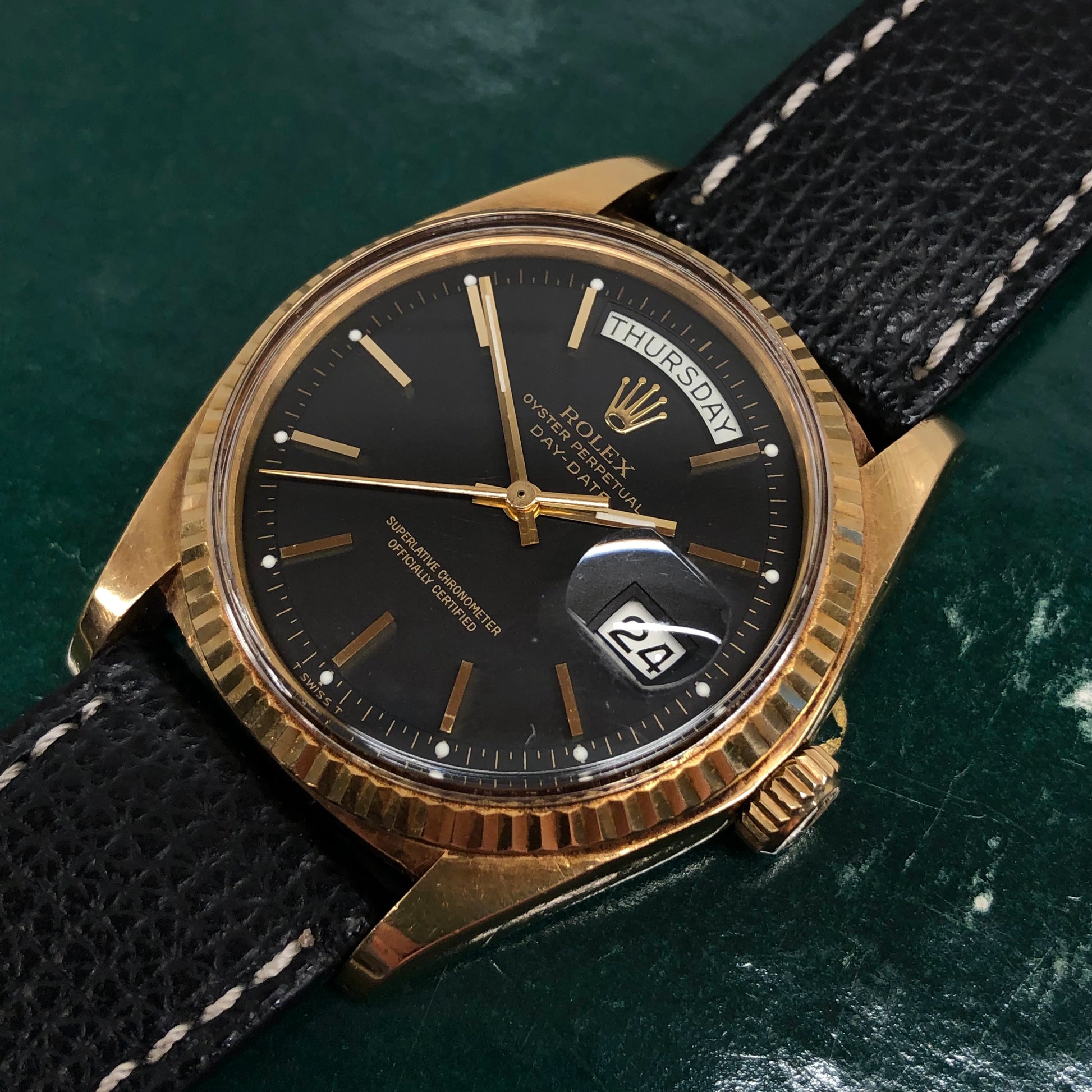 1976 Rolex President 1803 Day Date Yellow Gold Matte Black Automatic Wristwatch - HASHTAGWATCHCO