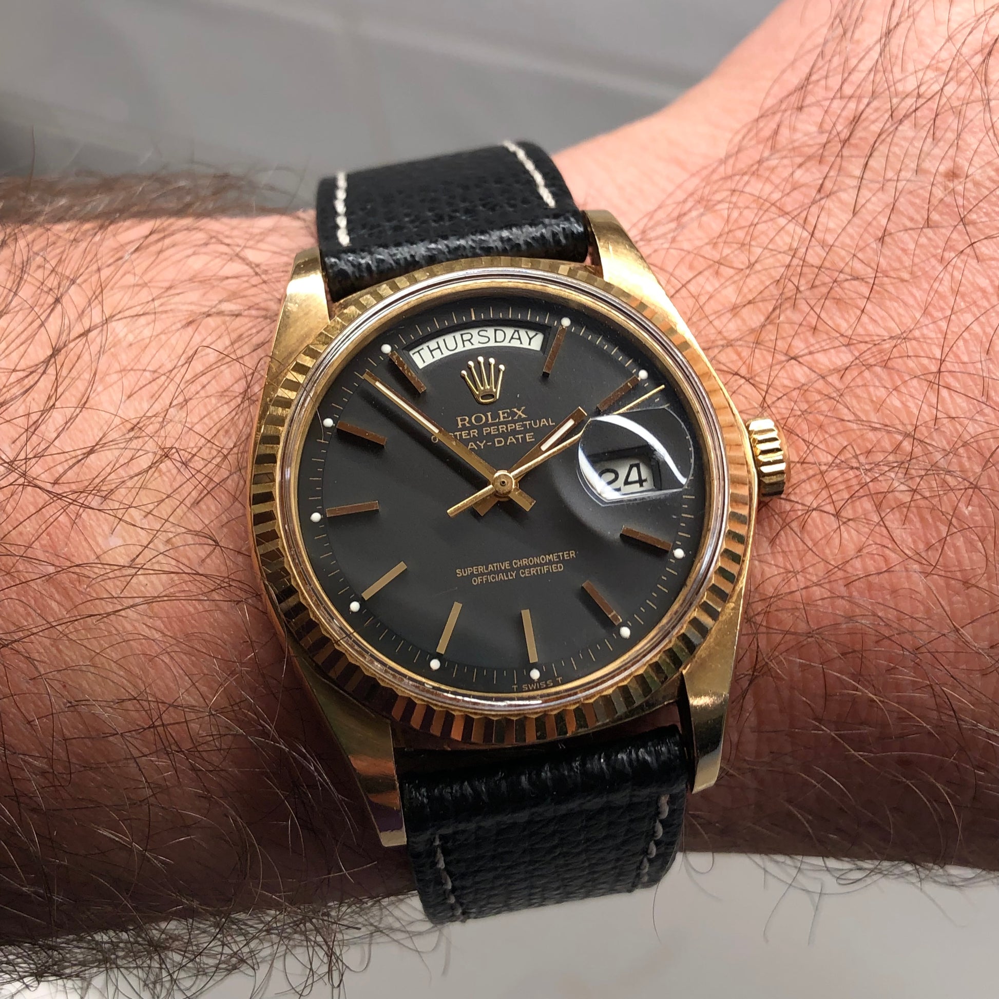 1976 Rolex President 1803 Day Date Yellow Gold Matte Black Automatic Wristwatch - HASHTAGWATCHCO