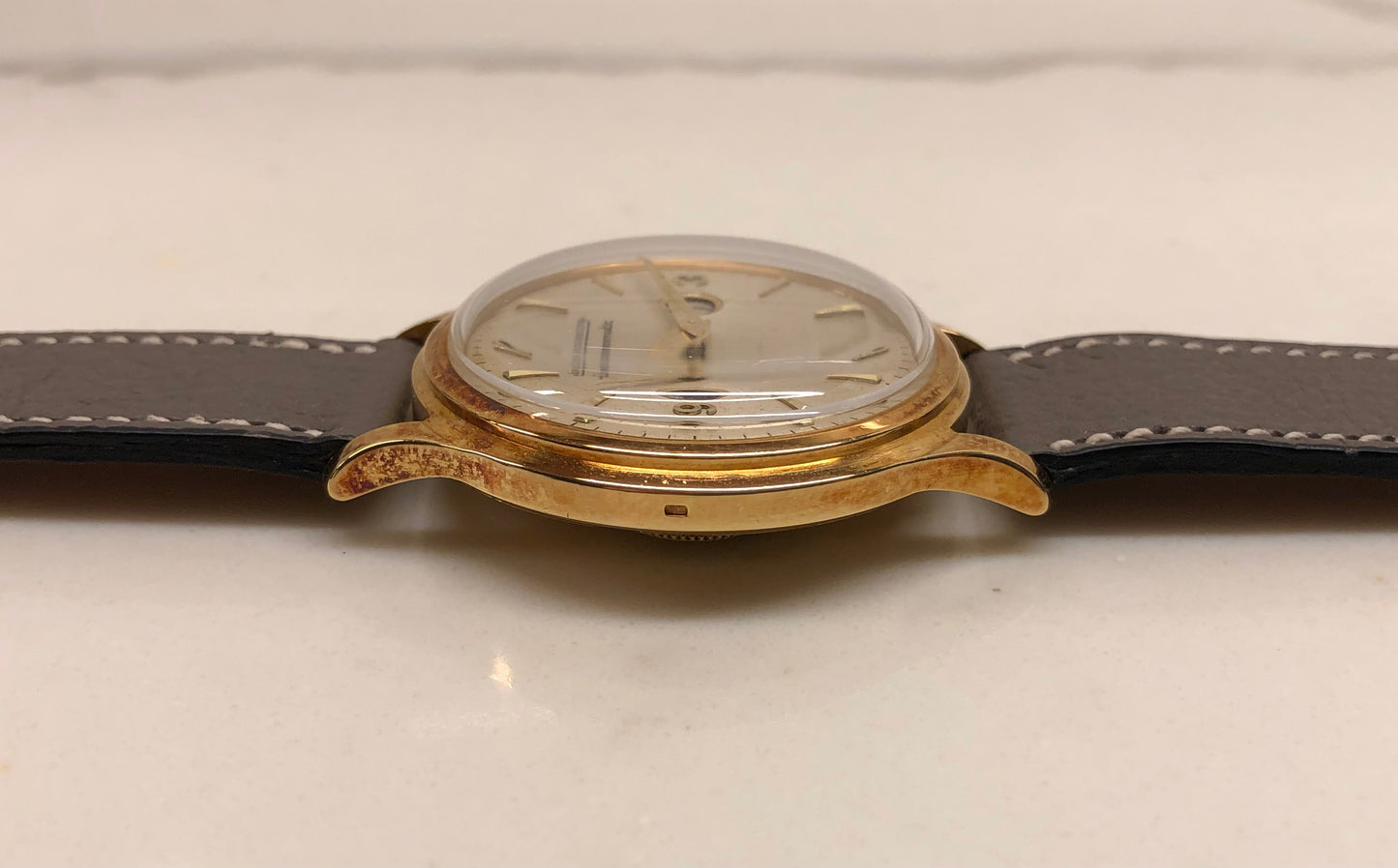 1950s Jaeger LeCoultre Futurematic E502 Porthole 18K Yellow Gold Automatic Wristwatch with Box - HASHTAGWATCHCO