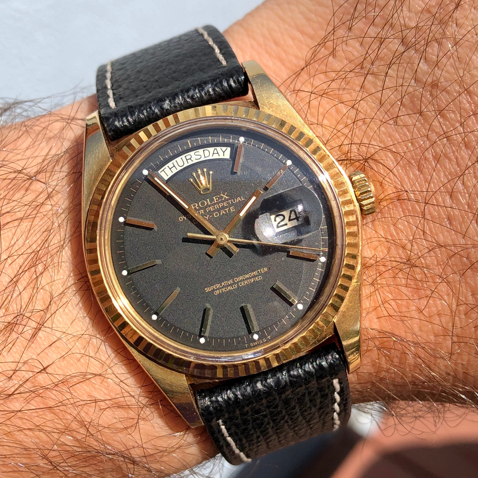 1976 Rolex President 1803 Day Date Yellow Gold Matte Black Automatic Wristwatch - HASHTAGWATCHCO