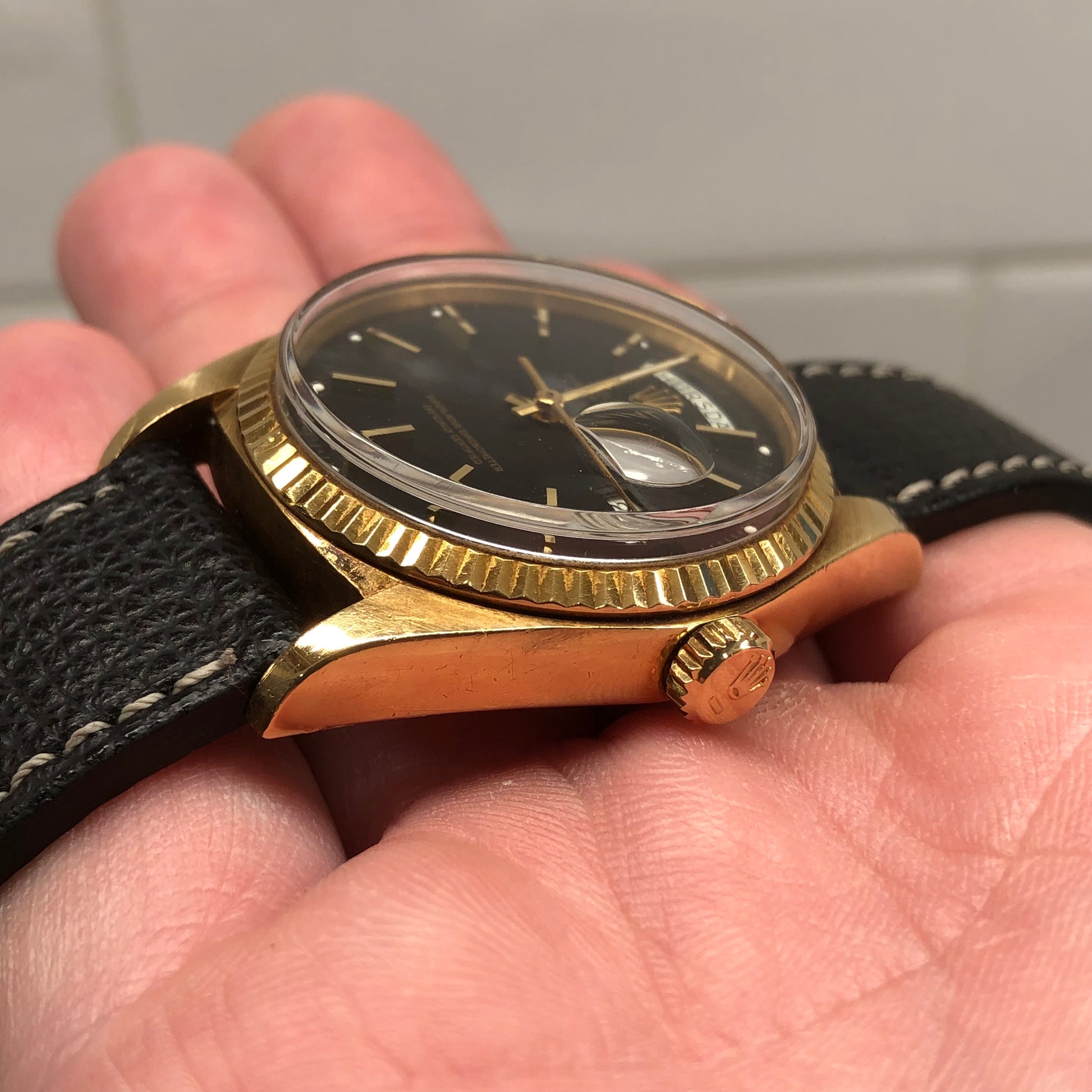 1976 Rolex President 1803 Day Date Yellow Gold Matte Black Automatic Wristwatch - HASHTAGWATCHCO