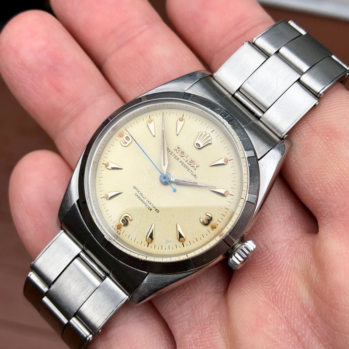 1954 Rolex Oyster Perpetual 6581 Caliber 1030 Steel Wristwatch with PX Store Box Papers and Chronometer Certificate - HASHTAGWATCHCO