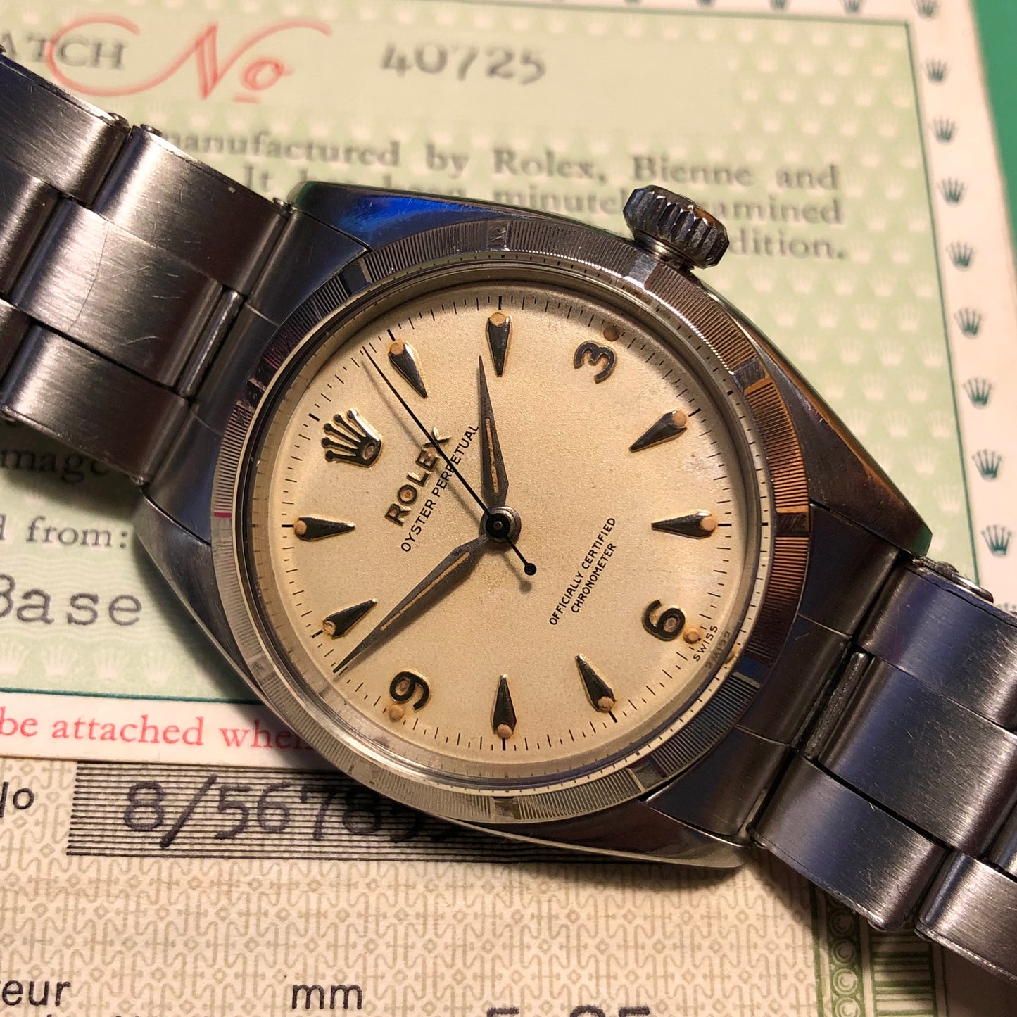 1954 Rolex Oyster Perpetual 6581 Caliber 1030 Steel Wristwatch with PX Store Box Papers and Chronometer Certificate - HASHTAGWATCHCO