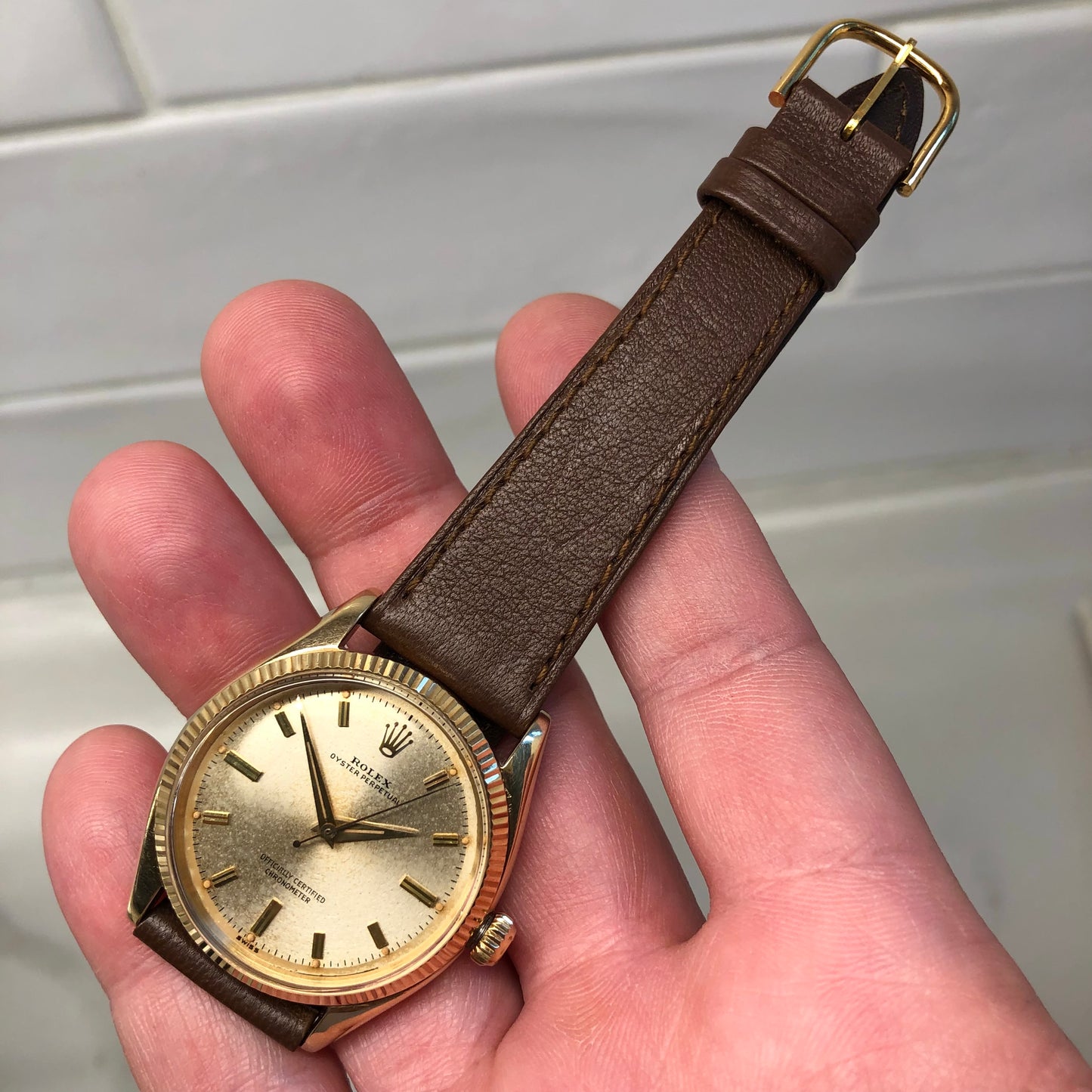 1959 Rolex Oyster Perpetual 6567 14K Yellow Gold Automatic Chronometer Wristwatch - Hashtag Watch Company