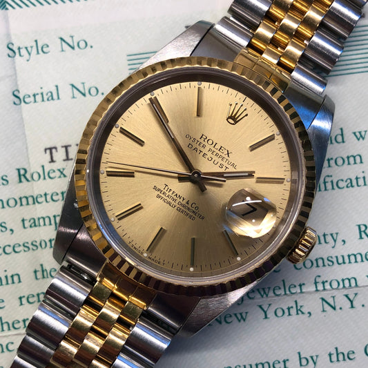1990 Rolex Datejust 16233 Two Tone Tiffany & Co. Champagne Dial Jubilee Automatic Wristwatch with Papers - HASHTAGWATCHCO