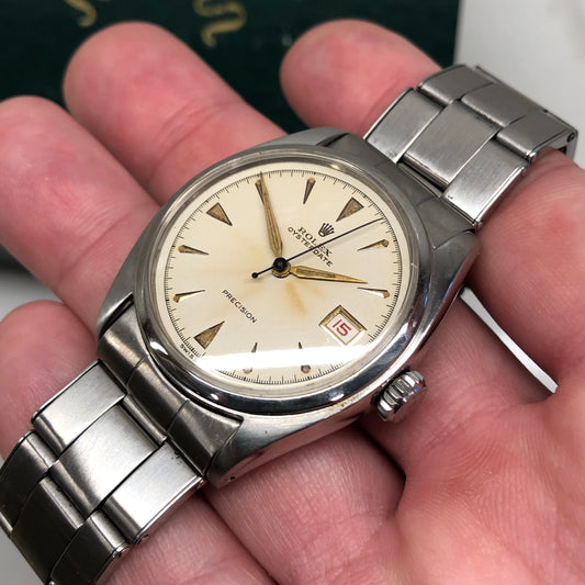 1953 Rolex Oysterdate Precision 6094 White Dial Red Date Stainless Steel Manual Wristwatch - HASHTAGWATCHCO