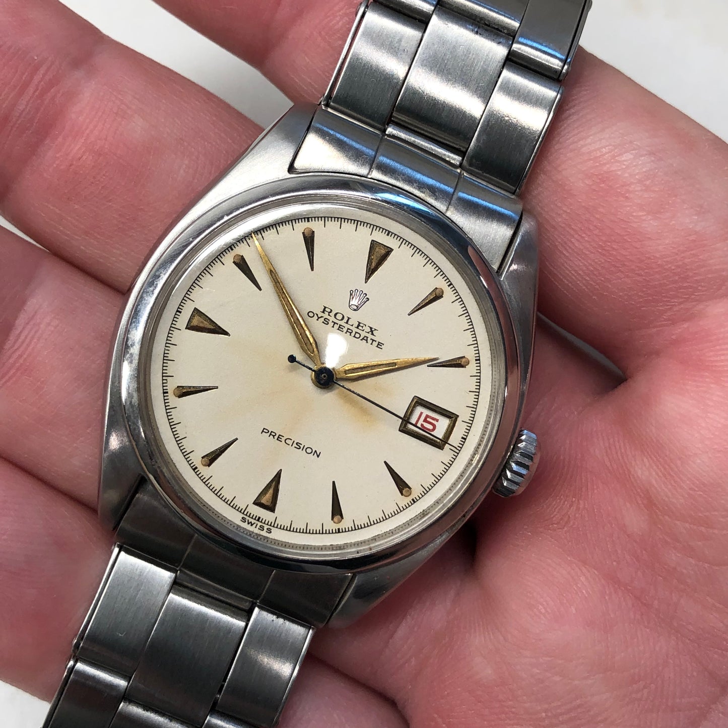 1953 Rolex Oysterdate Precision 6094 White Dial Red Date Stainless Steel Manual Wristwatch - HASHTAGWATCHCO